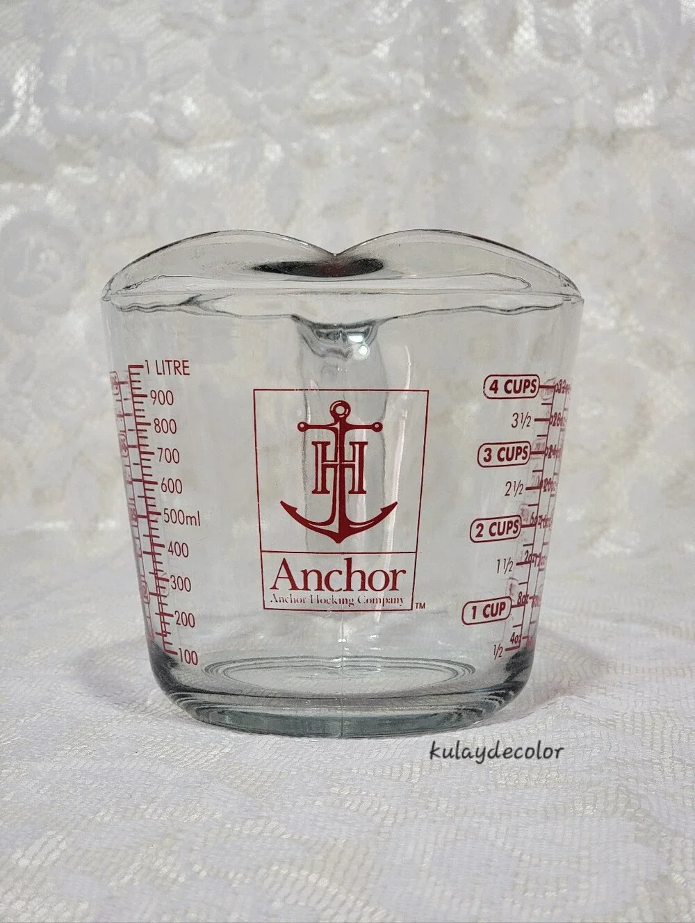 Anchor Hocking 4 Cup 1 Quart Glass Measuring Cup Red Lettering 32 oz 1 Liter